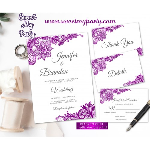 Purple Wedding Invitation suite set, Lace Wedding invitation suite,(115w)
